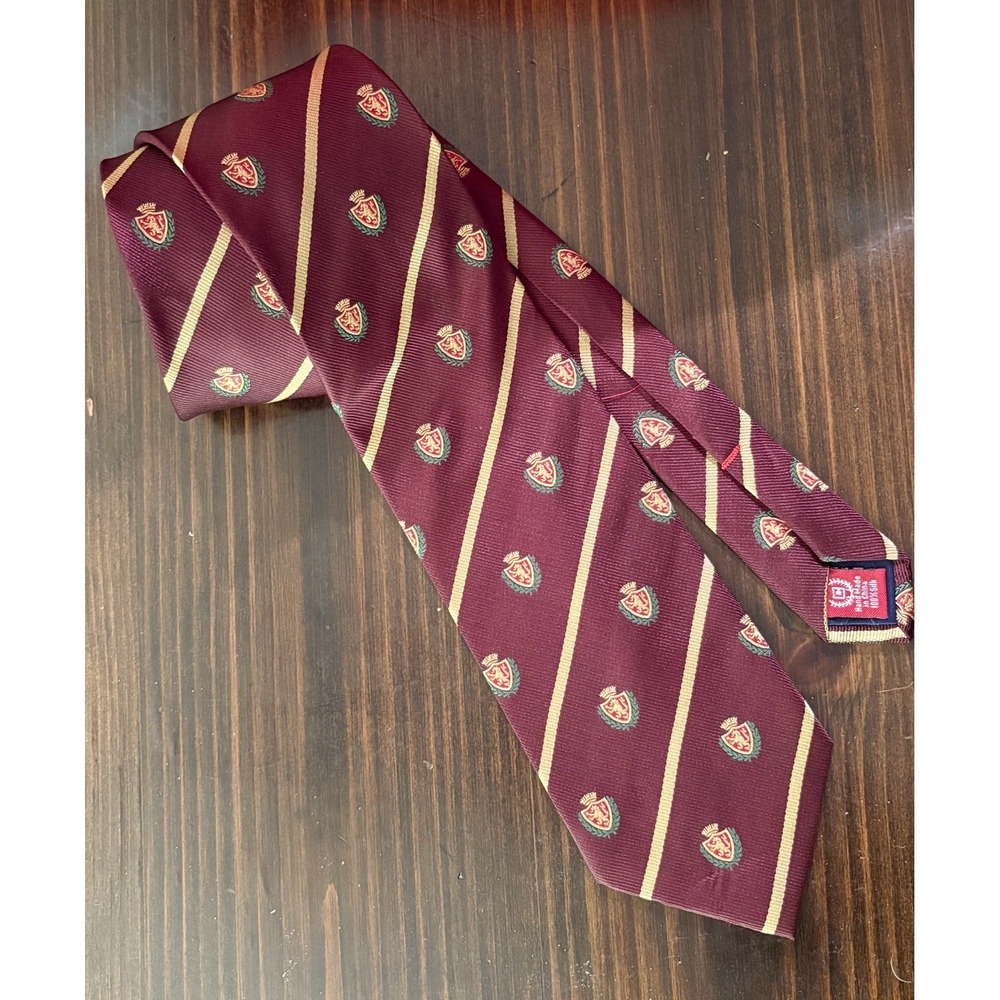 Chaps Crest Motif Repp Tie Necktie Maroon Gold Silk 3.5" x 60.5"